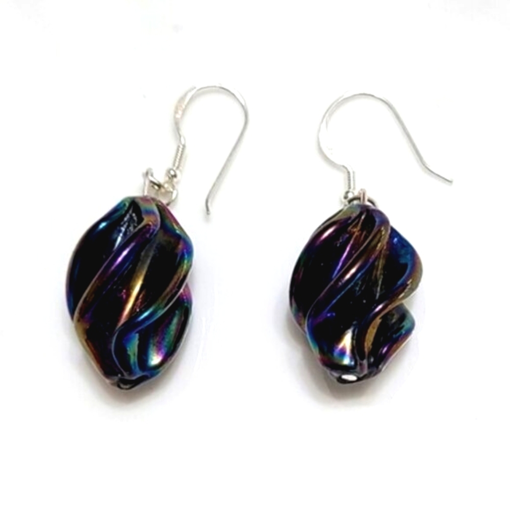 Vintage Stunning Black Iris Peacock Glass Twist Bead Sterling Silver Earrings